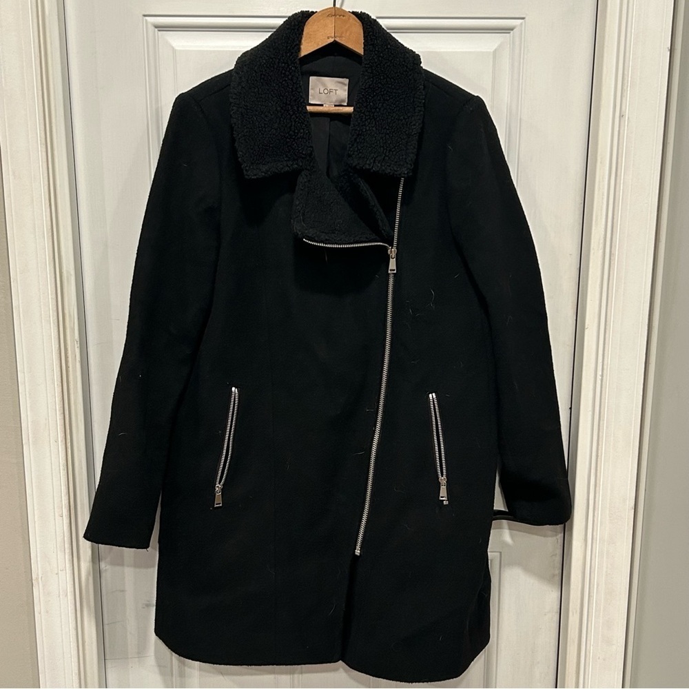 LOFT Moto Asymmetrical Black Wool Blend Faux Fur Peacoat Jacket Womens, Sz Small
